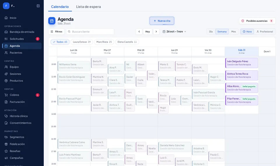 La agenda de Kairox con las citas de la semana por profesional (datos de ejemplo)