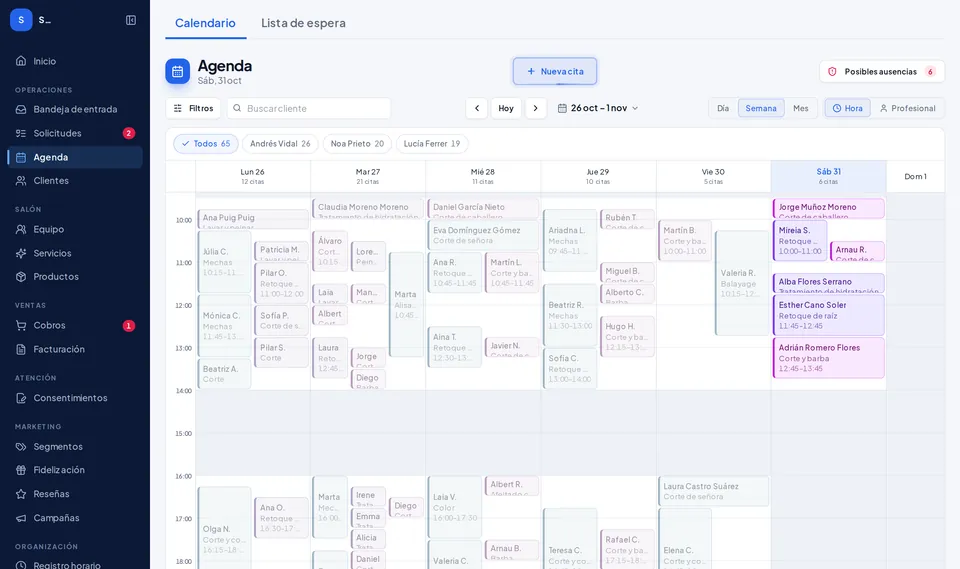 La agenda de Kairox con las citas de la semana por profesional (datos de ejemplo)