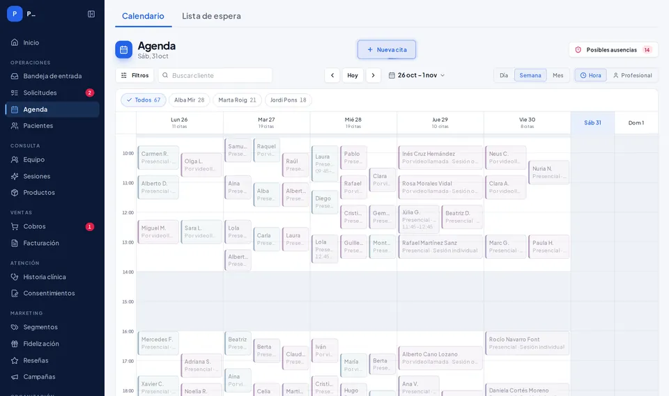 La agenda de Kairox con las citas de la semana por profesional (datos de ejemplo)