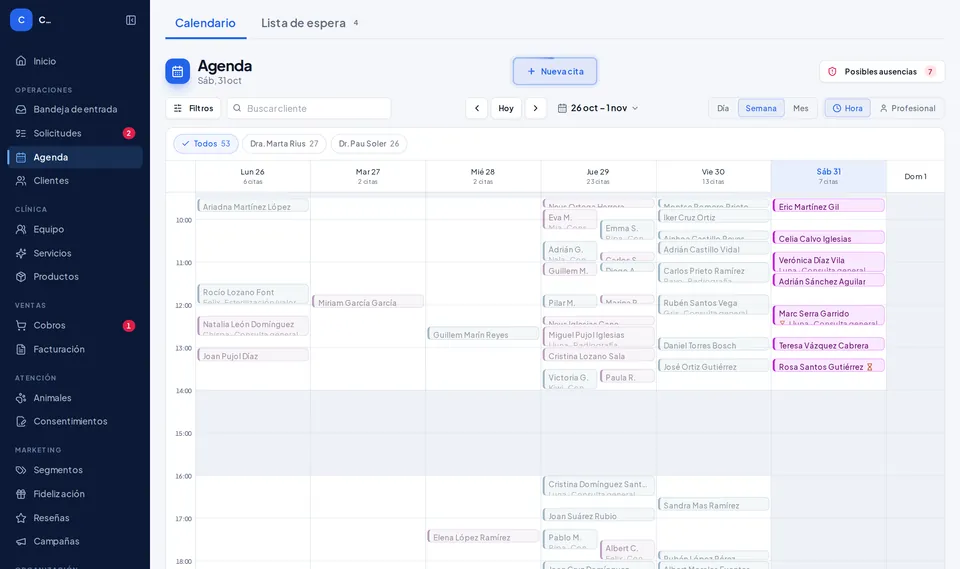 La agenda de Kairox con las citas de la semana por profesional (datos de ejemplo)
