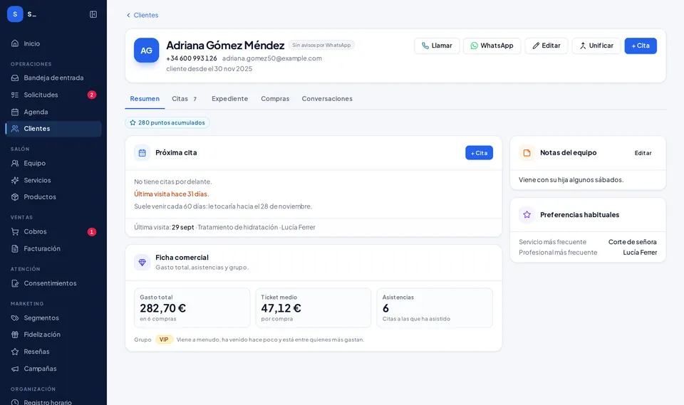 Ficha de cliente en Kairox (datos de ejemplo)