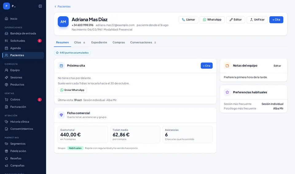 Ficha del paciente en Kairox (datos de ejemplo)