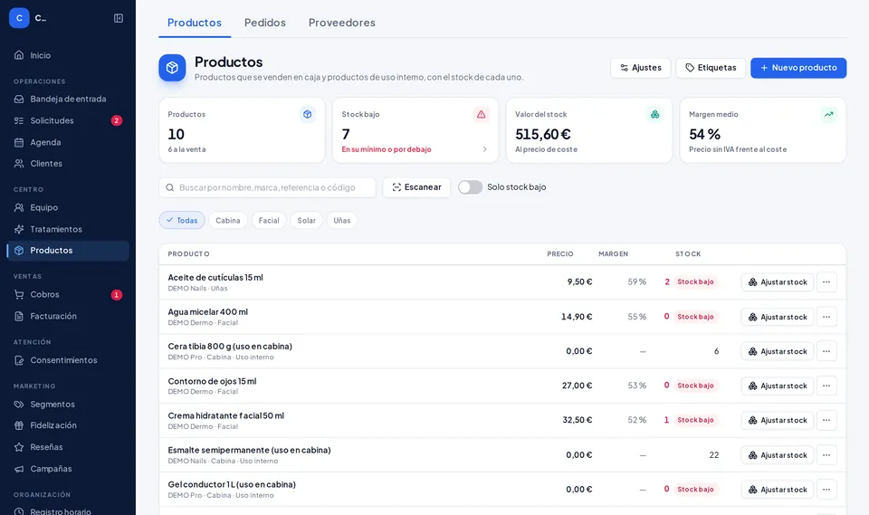 Productos e inventario en Kairox (datos de ejemplo)