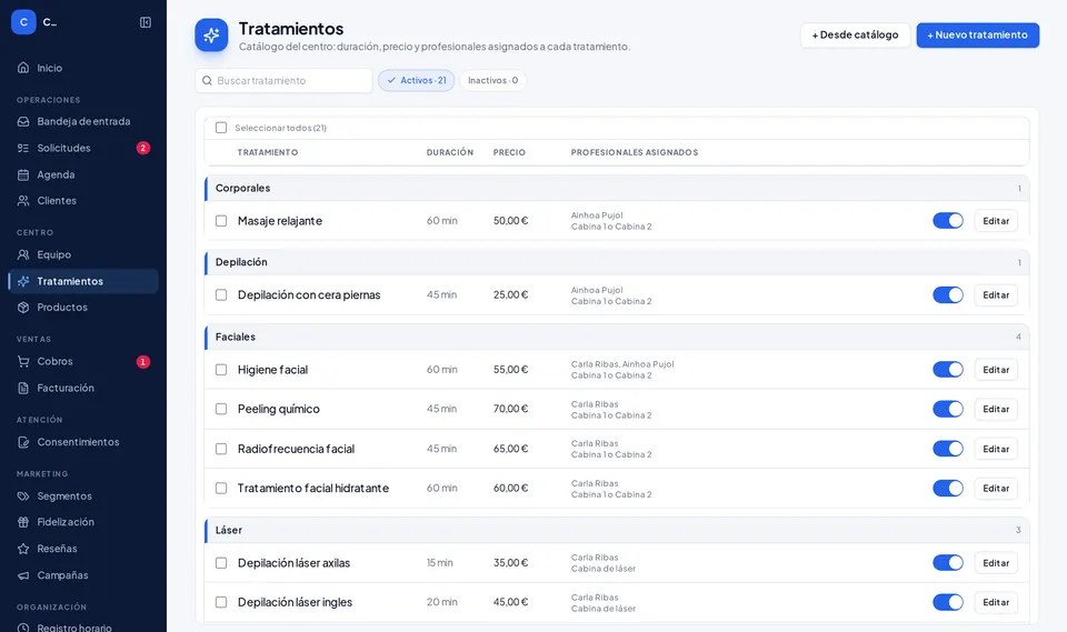 Tratamientos en Kairox (datos de ejemplo)